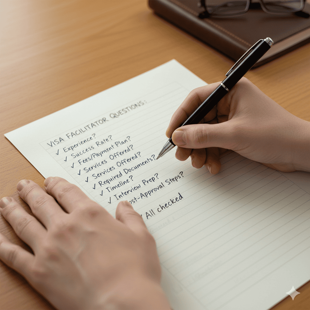 A photo of a person's hands holding a pen over a checklist, symbolizing the importance of due diligence when hiring a professional.