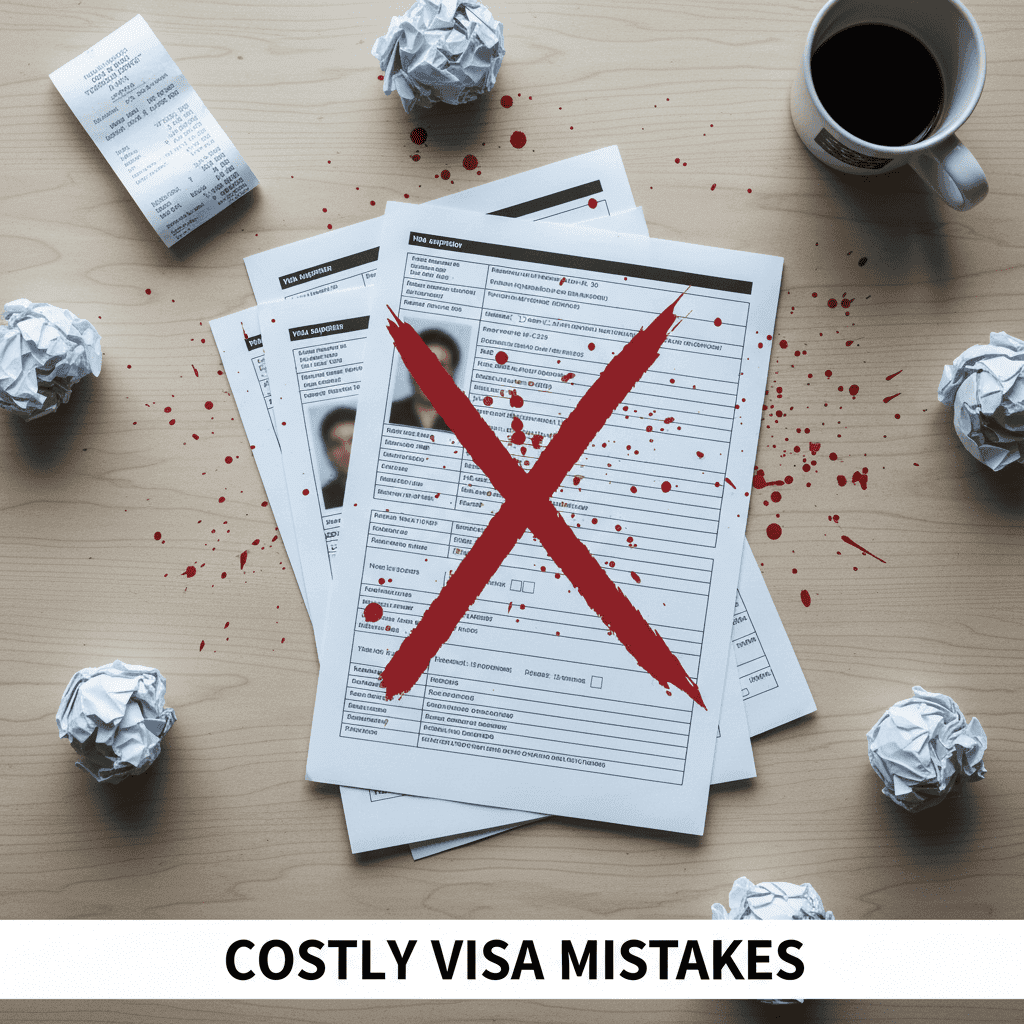 A photo of a stack of documents with a red X mark on top, symbolizing errors in the visa application process.