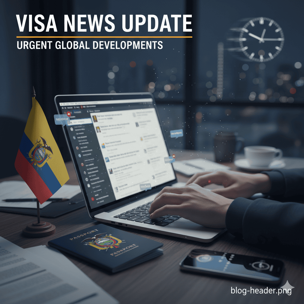 A photo of a person's hands typing on a laptop with a passport and an Ecuadorian flag on the desk, symbolizing a quick news update on visa changes.